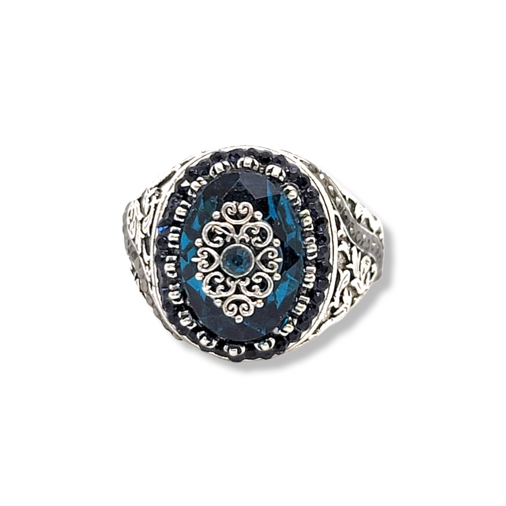 Silver Edwardian Faceted Blue Crystal and Round Hematite Ring Size 10